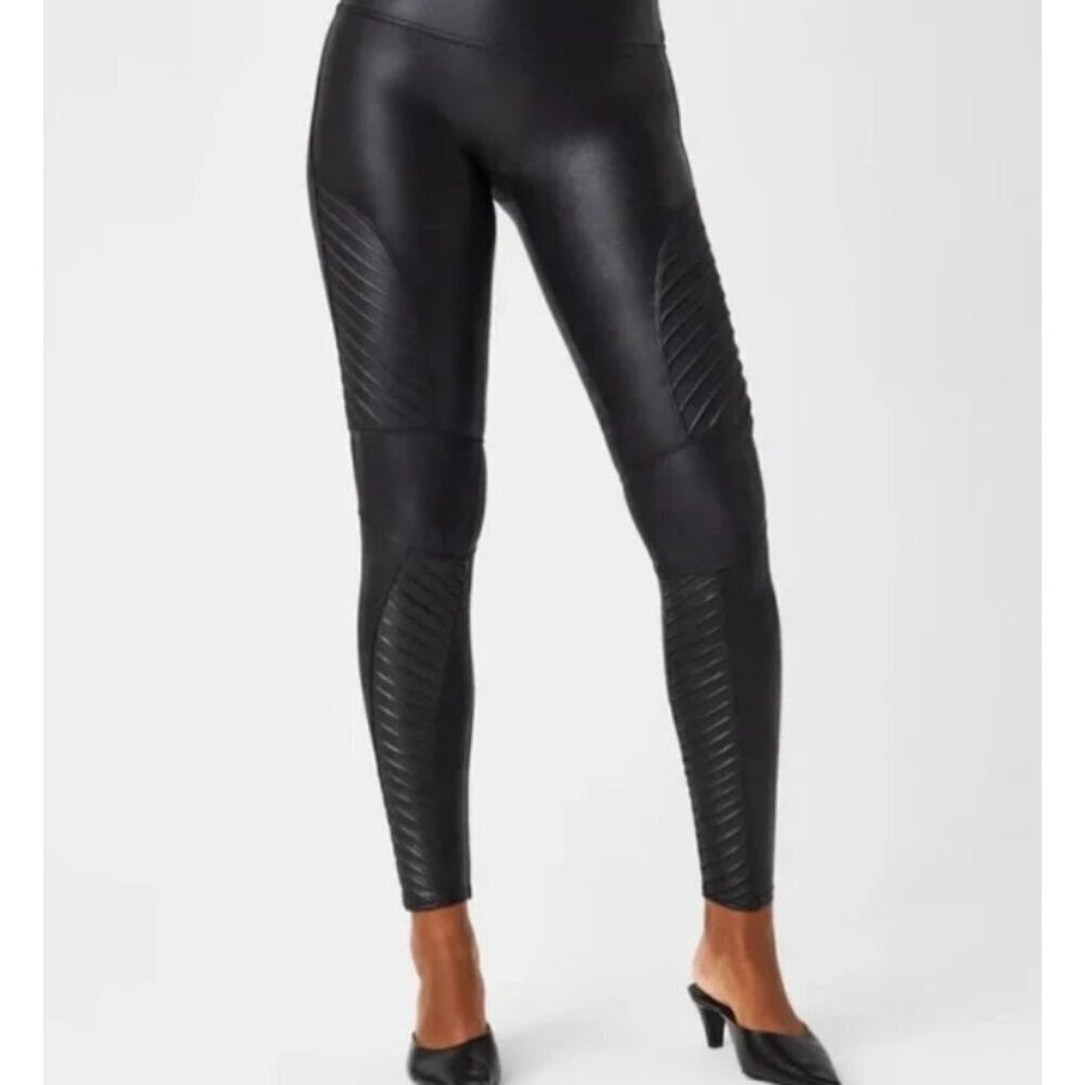 Spanx Black Faux Leather Moto Leggings Size Large Biker